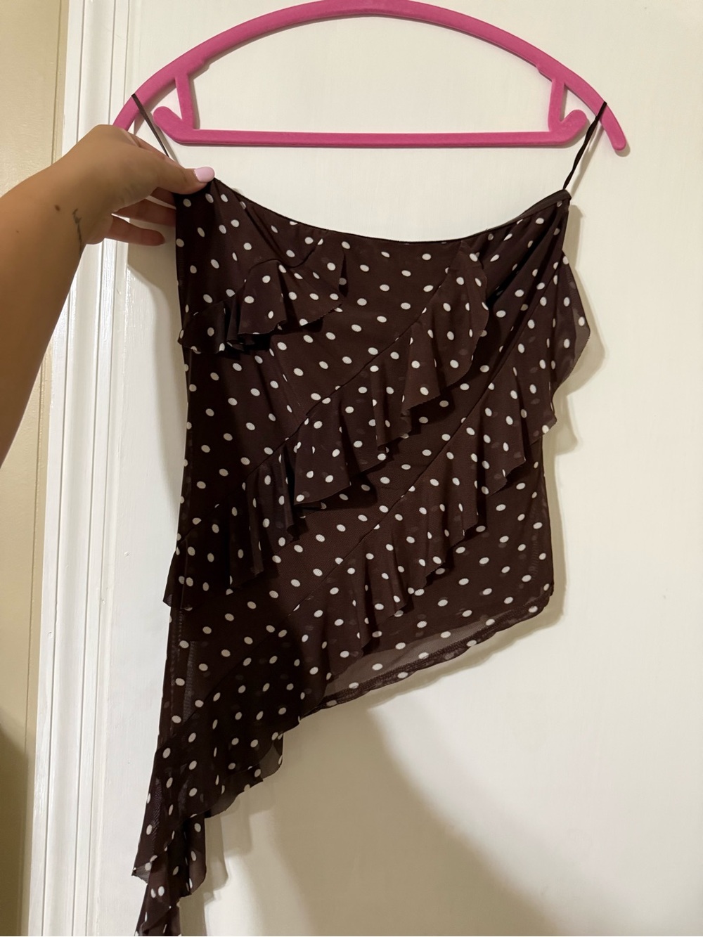 Asymmetric Brown Polka Dot Ruffle Tank